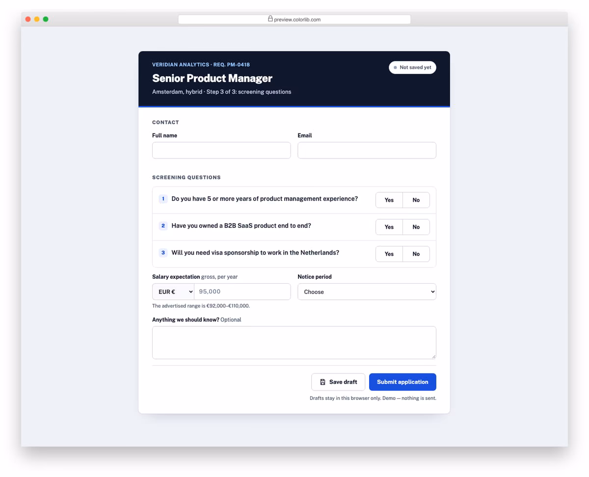 Job Application Form V10: application with screening questions, salary expectation and a save draft that restores on reload