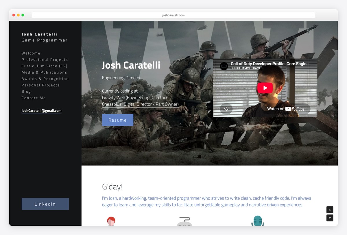Josh Caratelli game programmer portfolio website