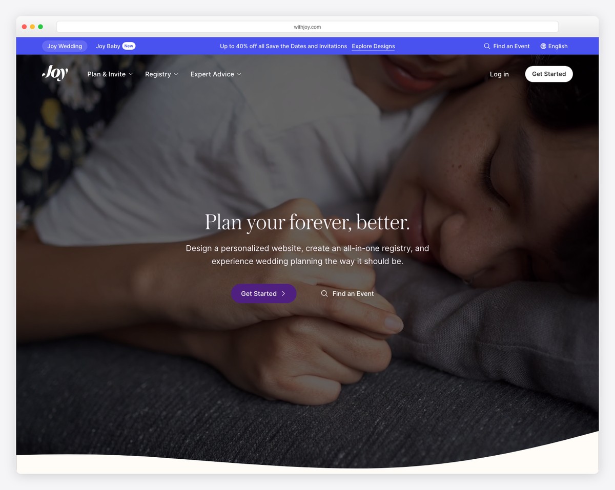 Joy wedding app showing mobile guest experience with RSVP, schedule, and live photo sharing features