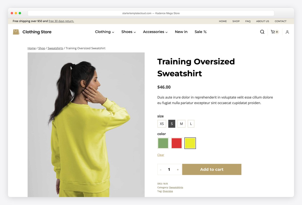Kadence Mega Store starter product page with size and colour swatches