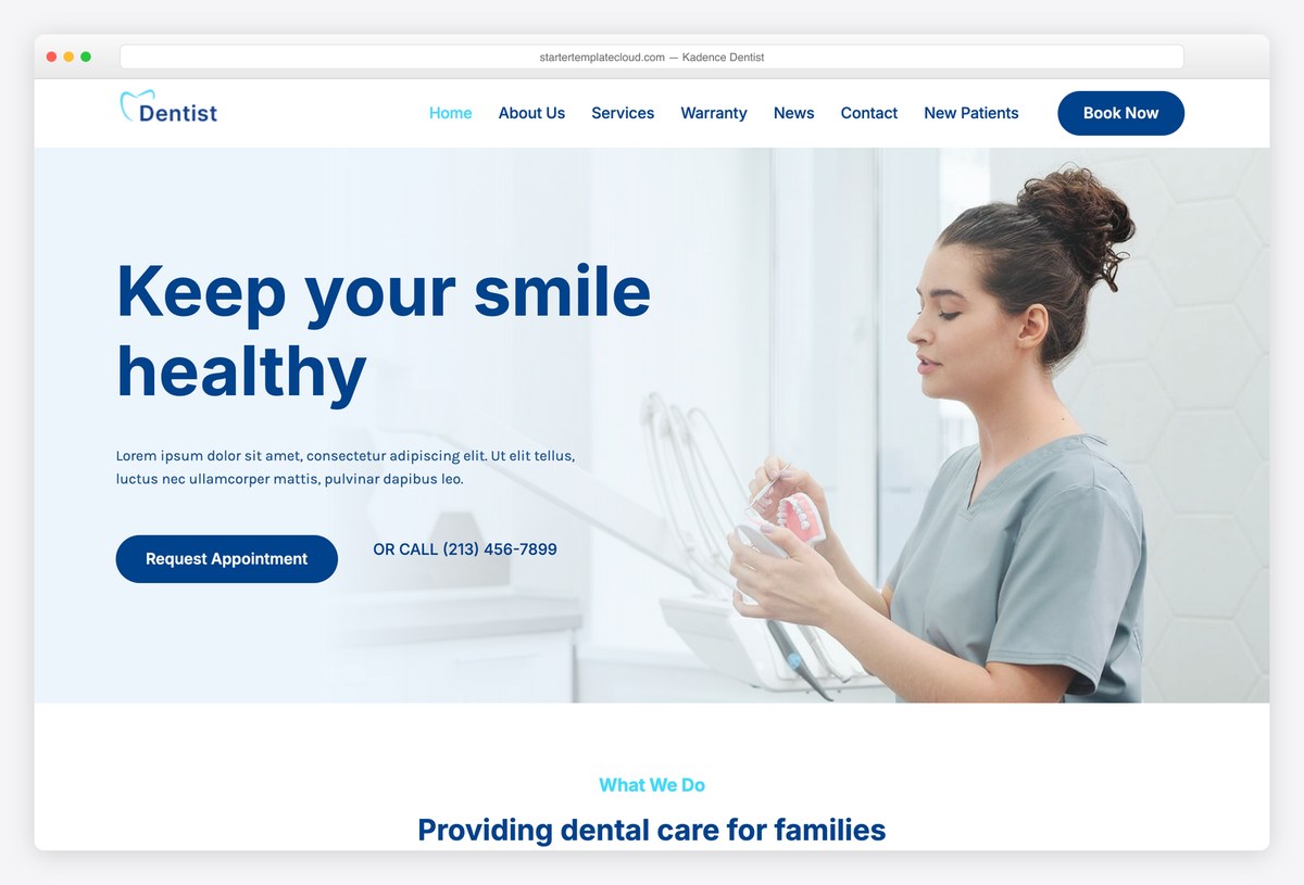 Kadence Dentist starter template for a dental practice