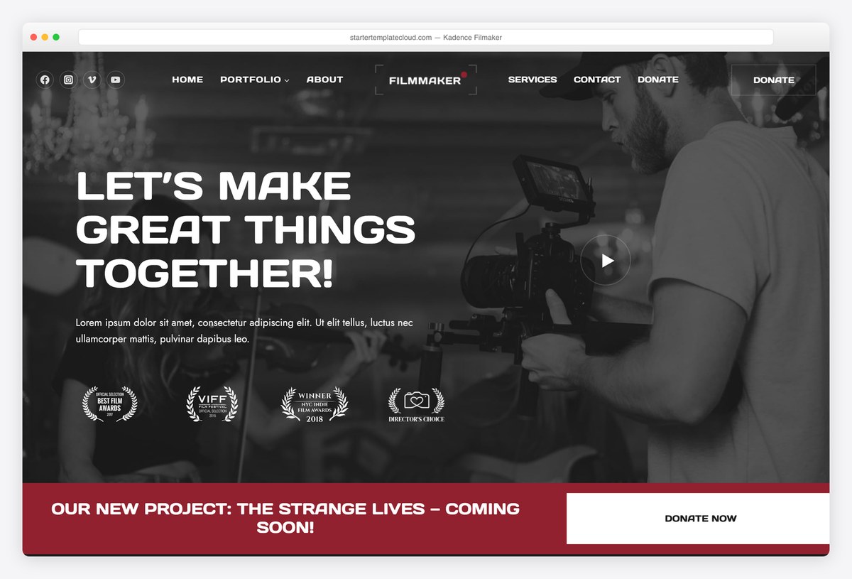 Kadence Filmaker starter template for a film portfolio