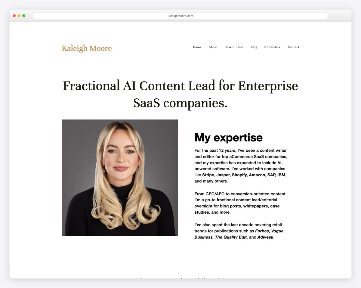 kaleigh moore copywriter website example