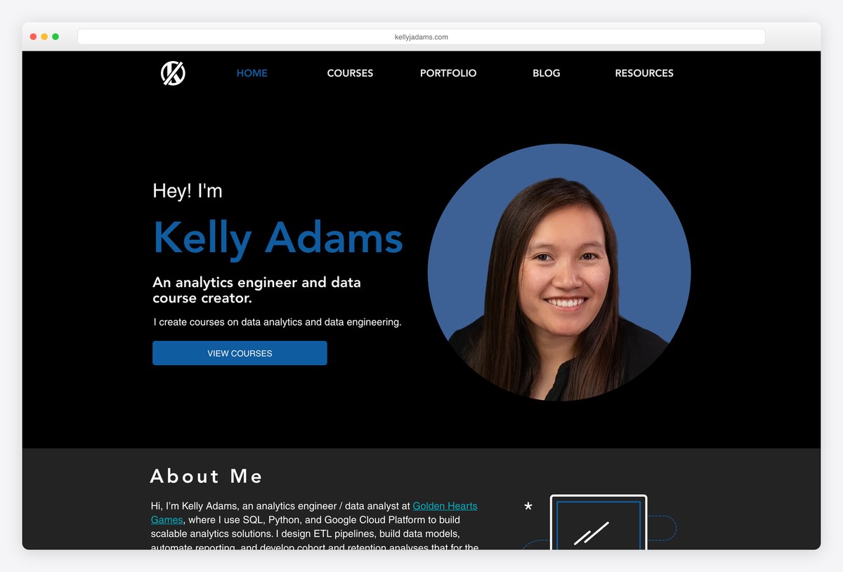 Kelly J. Adams analytics engineer portfolio website