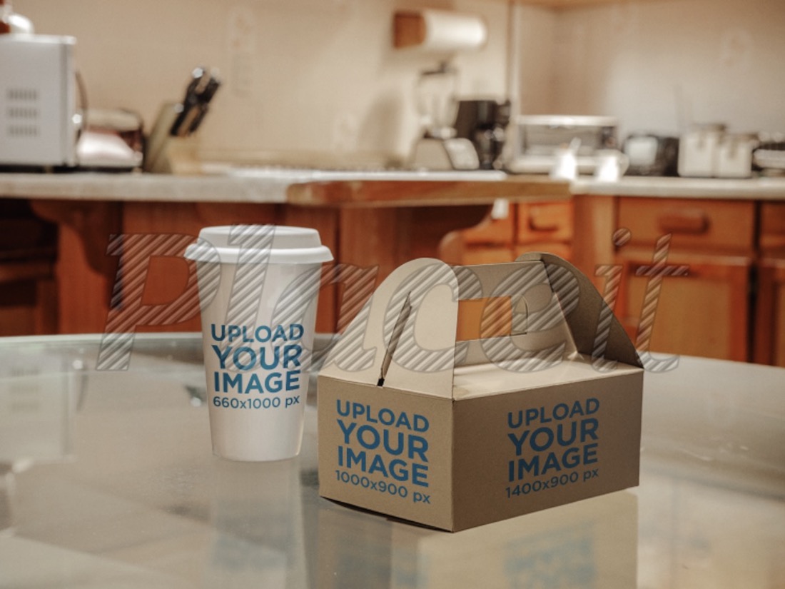 label mockup featuring a takeaway coffee cup and paper food box
