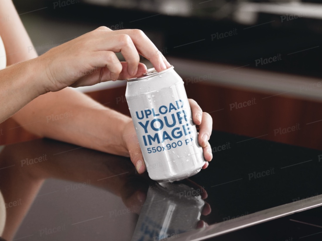 label mockup of a woman opening a soda can