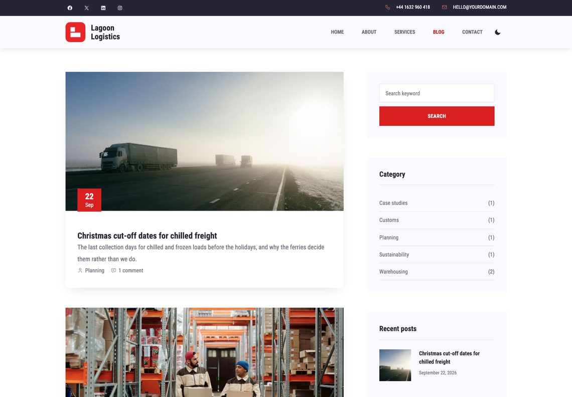 The blog page: a post card with a photograph of trucks in fog, a red date badge and the title “Christmas cut-off dates for chilled freight”, beside a sidebar with a red Search button, categories and recent posts
