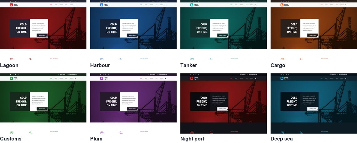 Lagoon's eight colour palettes side by side, the home page's header and hero in each: Lagoon red, Harbour blue, Tanker teal, Cargo orange, Customs green, Plum purple and the dark Night port and Deep sea, the port photograph toned in each palette's colour