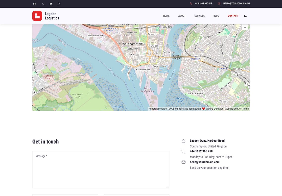 The contact page: an OpenStreetMap of Southampton's docks across the width, then the “Get in touch” message form beside the address, phone number and email with small icons