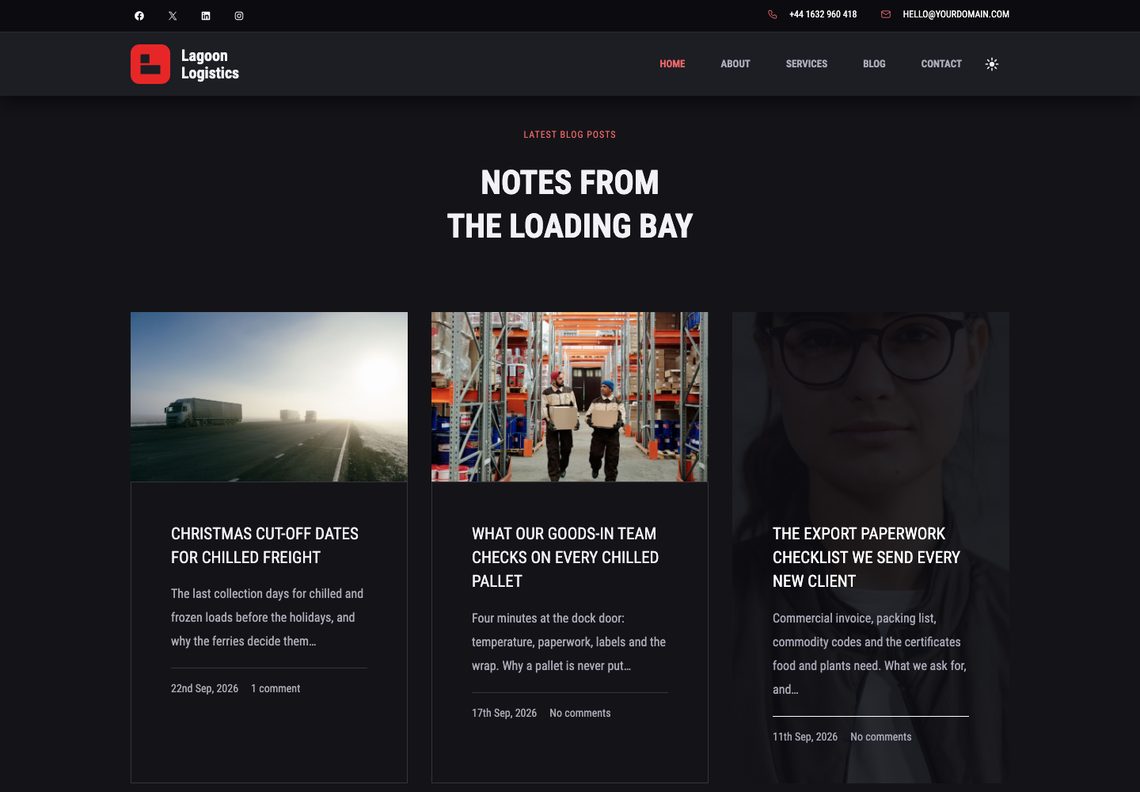 Lagoon in dark mode: the blog section “Notes from the loading bay” with three post cards on a near-black ground, trucks in fog, warehouse workers carrying boxes, and a third card set on its photograph