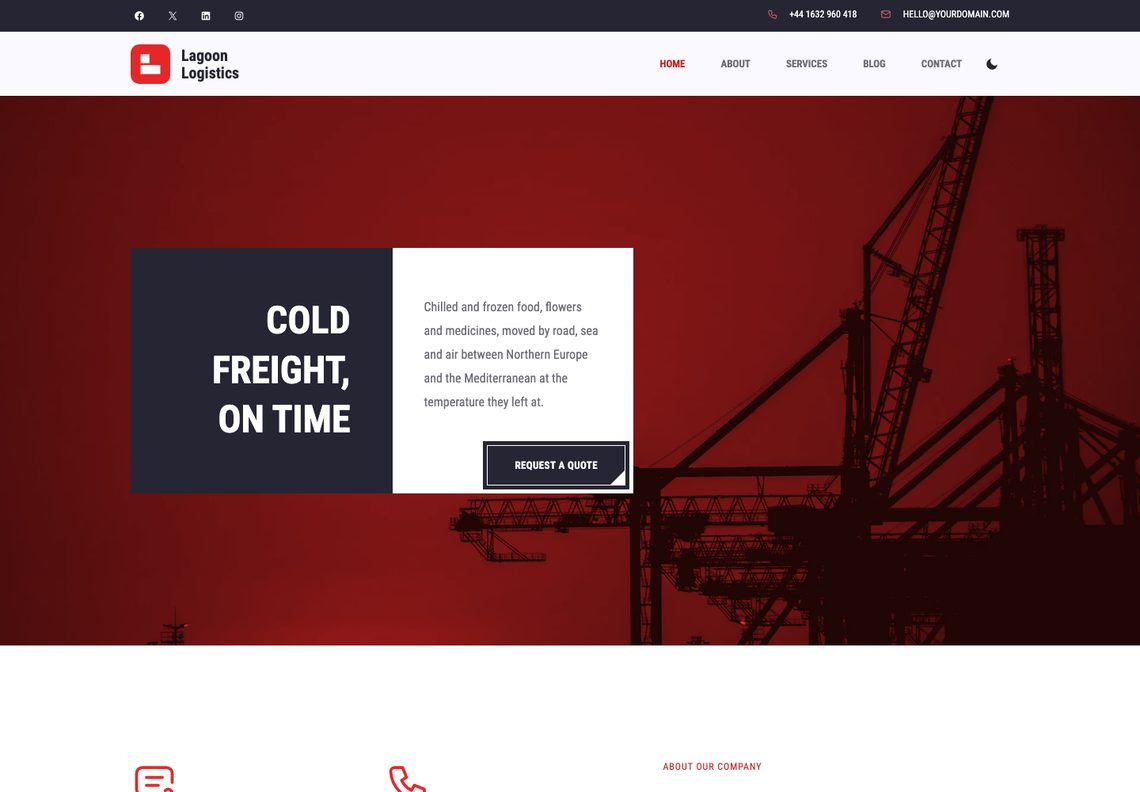 Lagoon WordPress theme home page: a navy top bar with phone and email, the logo and menu, and port cranes silhouetted against a red-toned sky behind a navy and white box reading “Cold freight, on time” with a Request a quote button