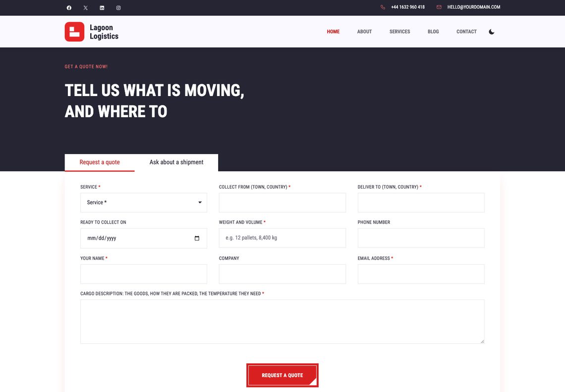 Lagoon's quote section: the heading “Tell us what is moving, and where to” on the navy band, and a white card with the tabs “Request a quote” and “Ask about a shipment” over a form asking for service, collection and delivery places, ready date, weight and volume, contact details and a cargo description