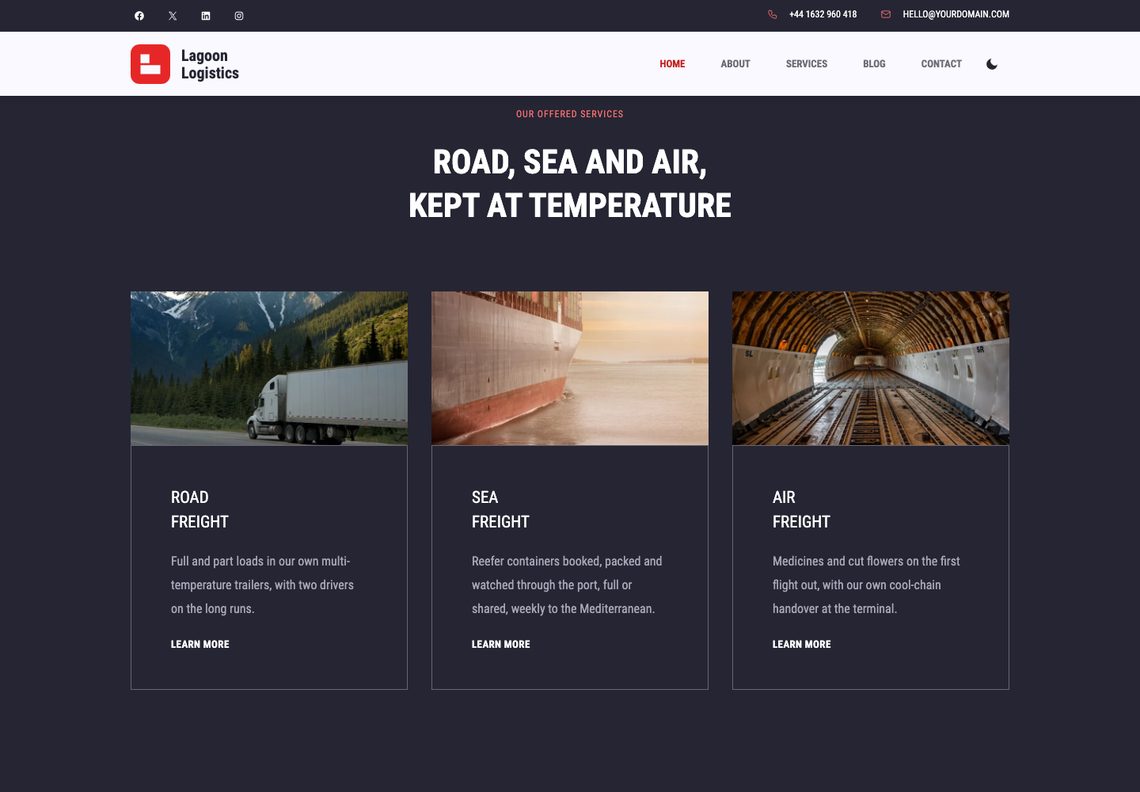 The services band on navy: the heading “Road, sea and air, kept at temperature” above three bordered cards with photographs of a truck on a mountain road, a container ship's bow and the empty hold of a cargo plane, each with a short description and a Learn more link