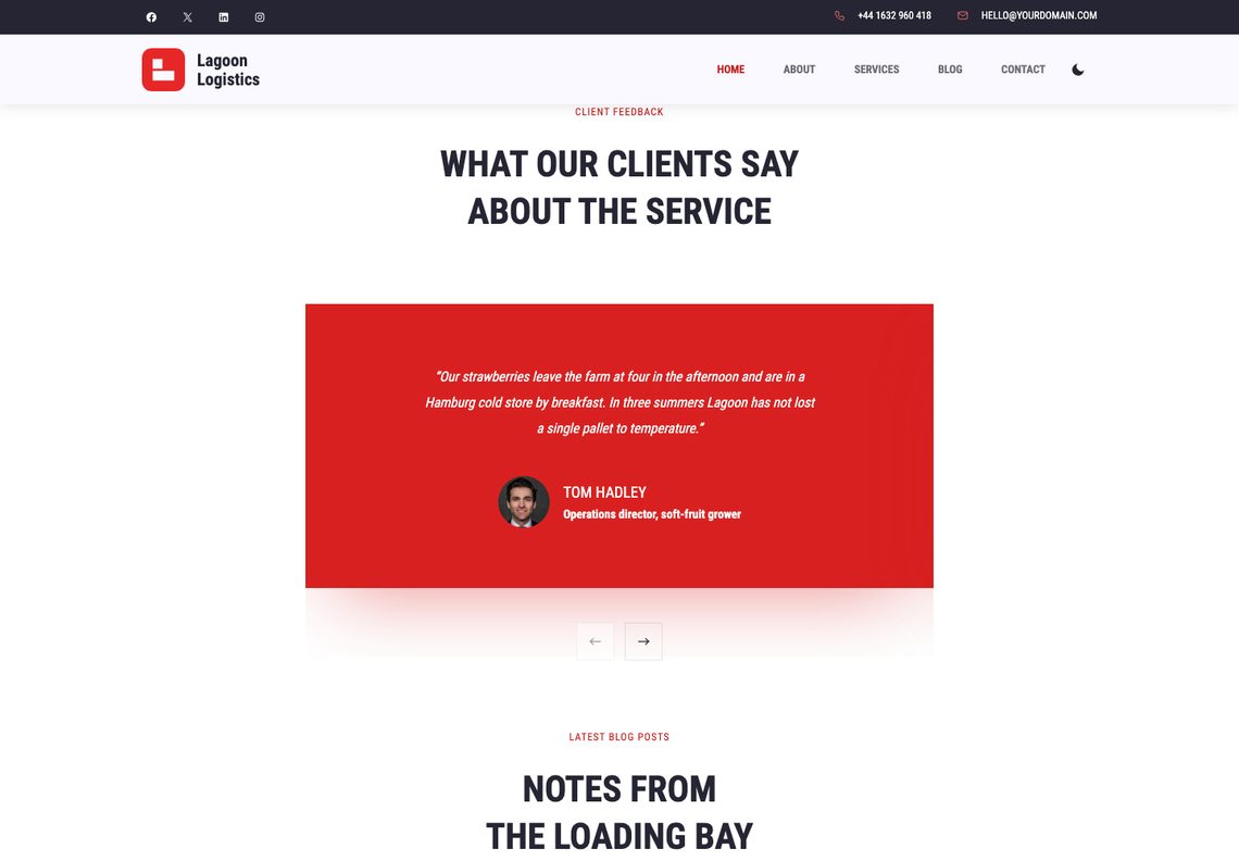 The testimonials section: the heading “What our clients say about the service” over a red box with an italic quote about strawberries reaching a Hamburg cold store by breakfast, a round portrait of Tom Hadley with his role, and two arrow buttons beneath