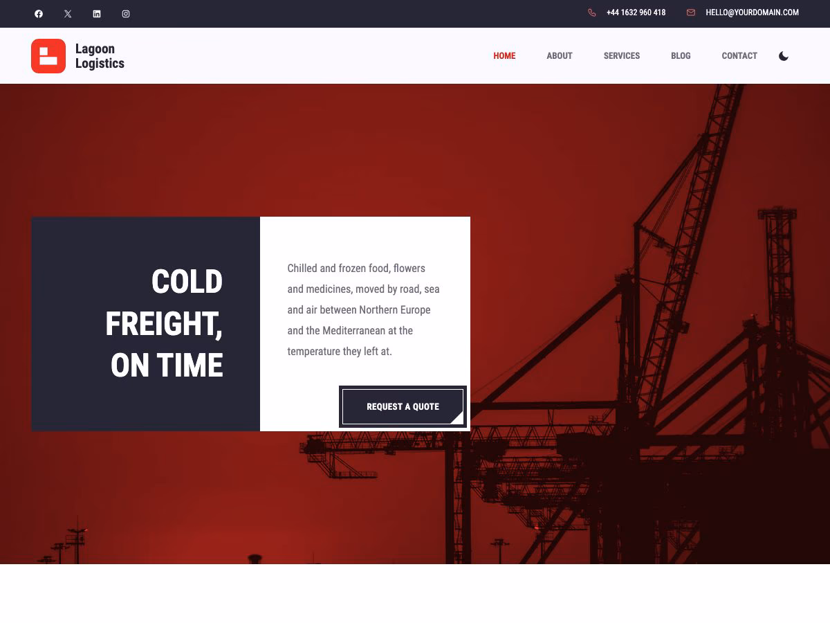 Lagoon WordPress theme home page: port cranes under a red wash with the headline Cold freight, on time and a Request a quote button