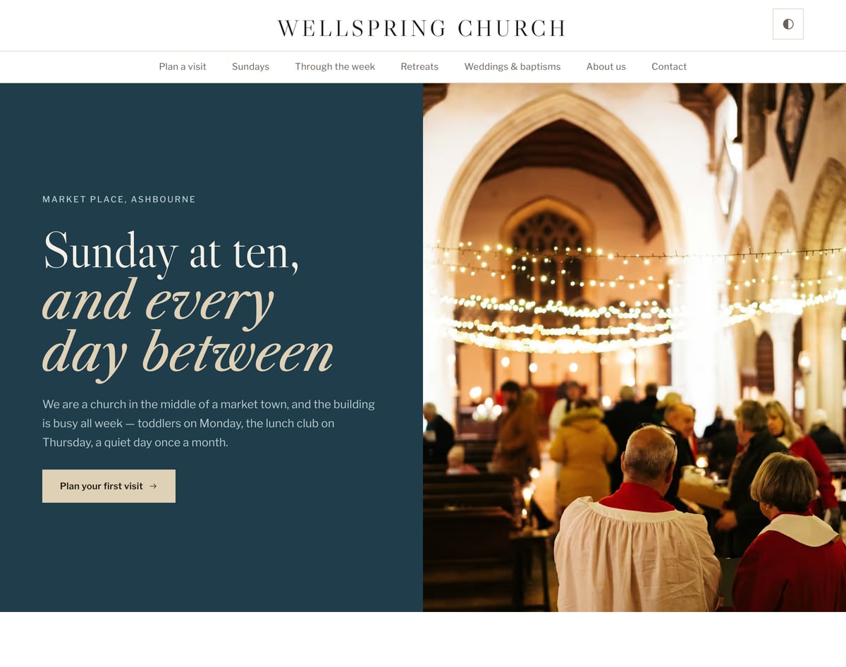 Lantern free church website template with a split hero panel and church interior photograph