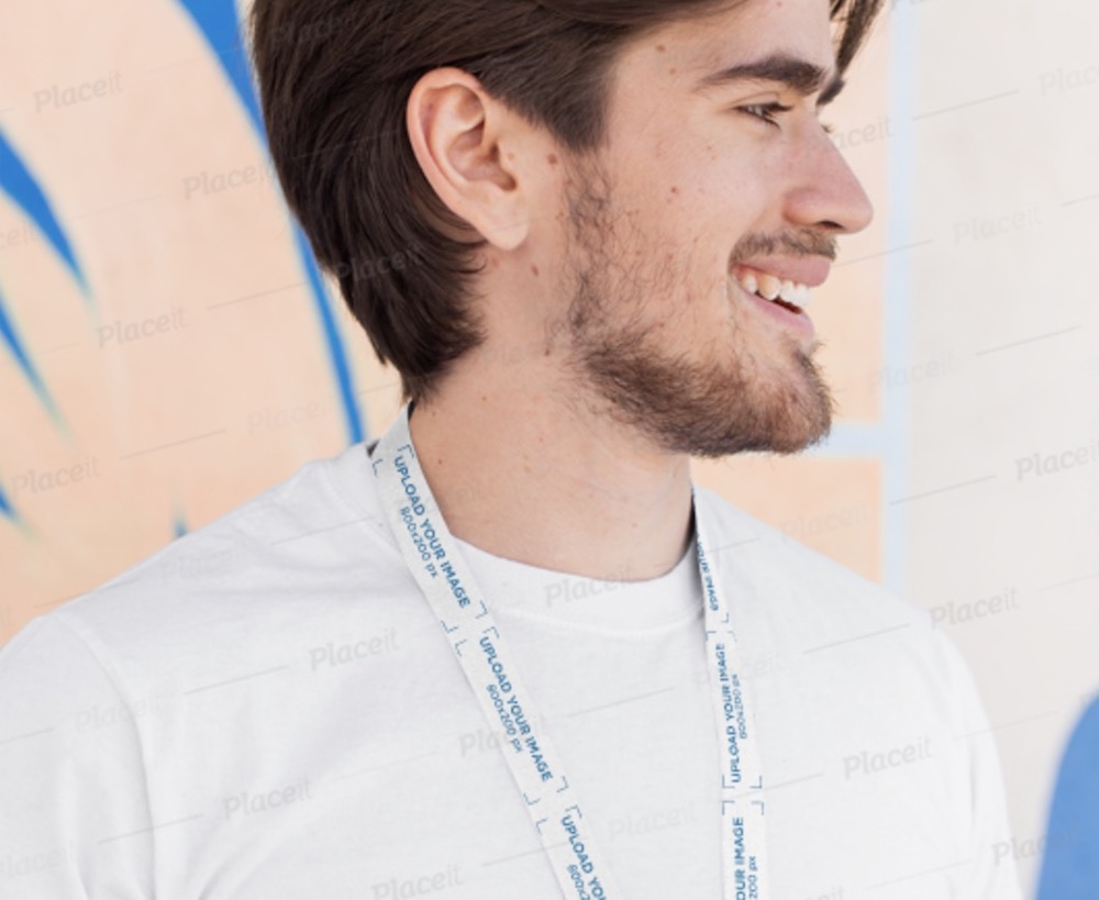 lanyard mockup of a bearded man against a colorful wall