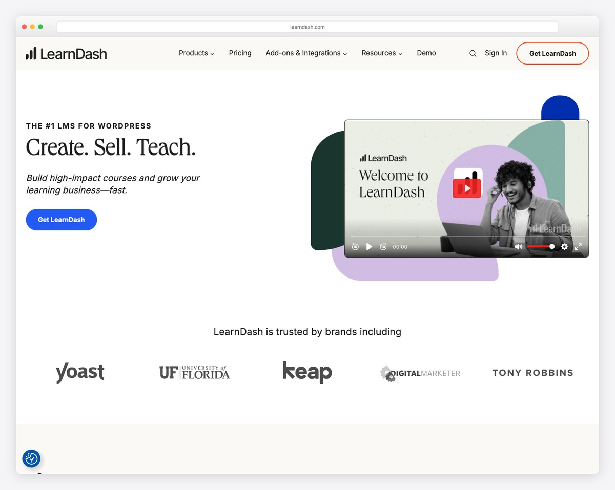 LearnDash LMS on WordPress with course builder, quizzes, certificates, and grade book