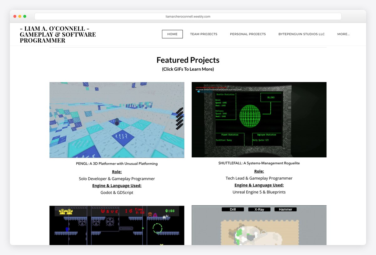 Liam O'Connell gameplay programmer portfolio website