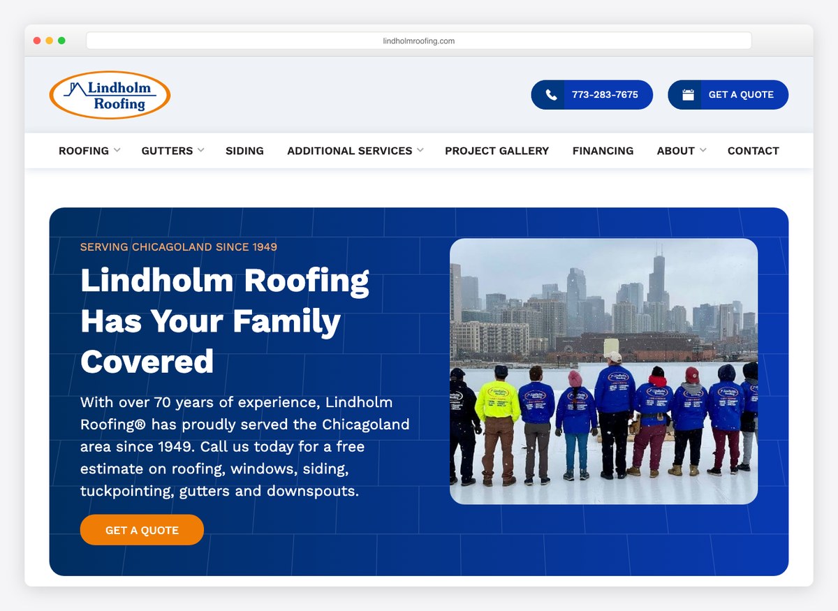 Lindholm Roofing roofing company website homepage