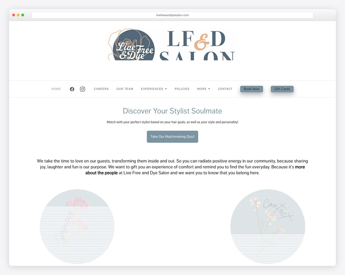 live free & dye salon website example