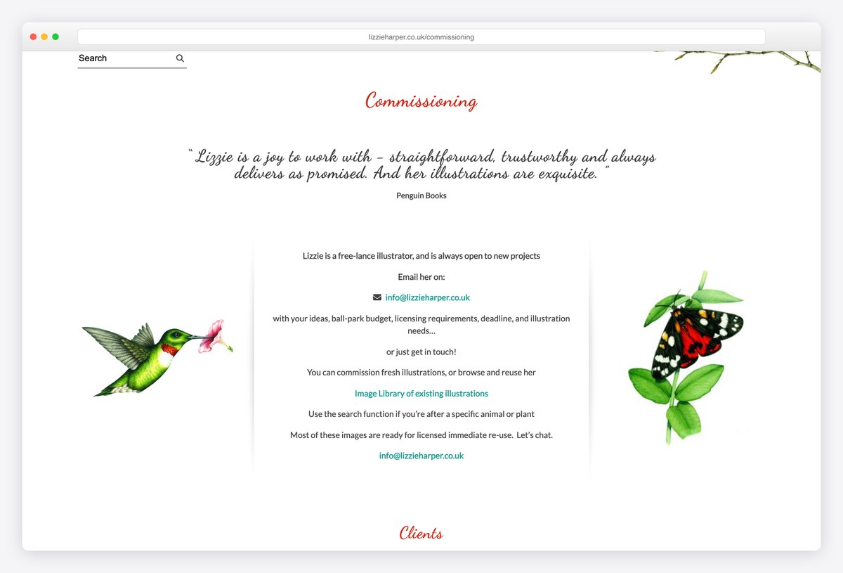 Lizzie Harper's Commissioning page listing what to include in a brief