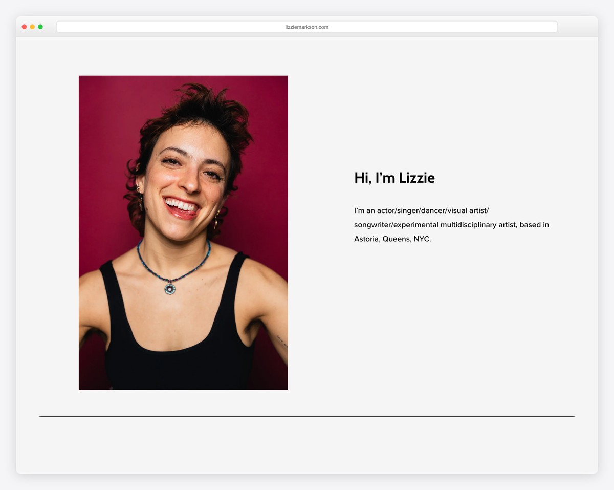 Lizzie Markson - actress website example using Squarespace