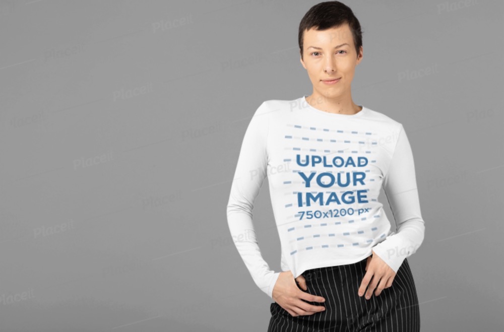long-sleeve shirt mockup featuring a female model