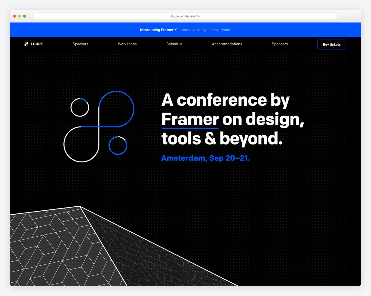 Loupe conference website design example made with Frar