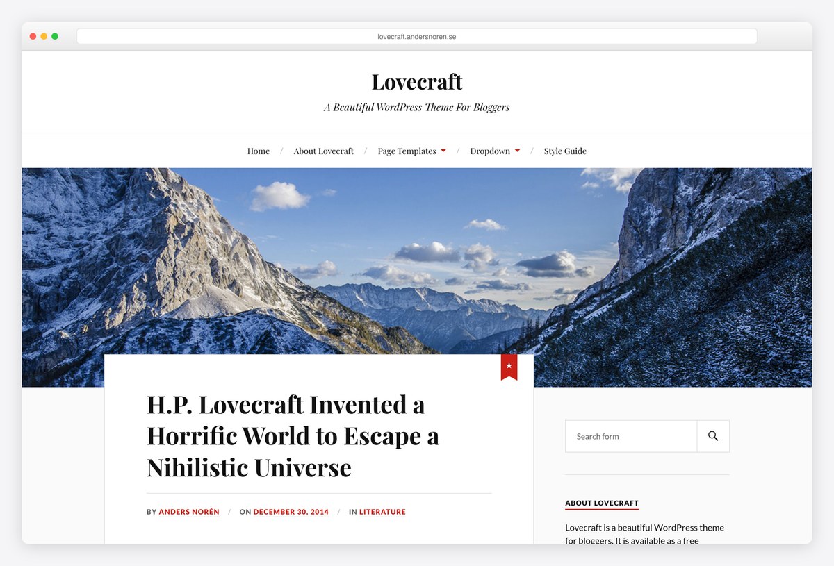 Lovecraft free two-column blog WordPress theme demo