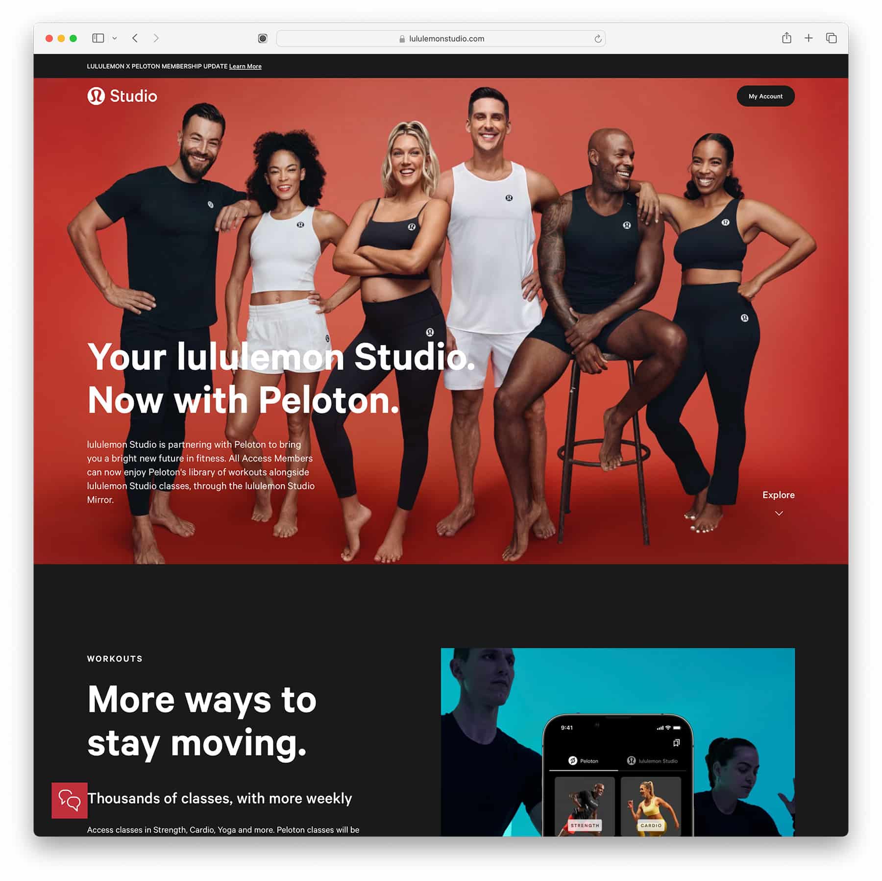 lululemon studio - gym app website example