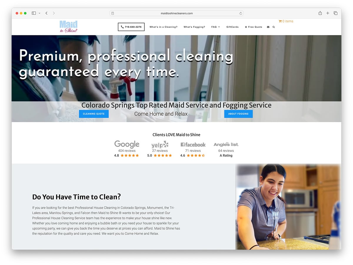 maid to shine cleaners - cleaning company website built using WordPress