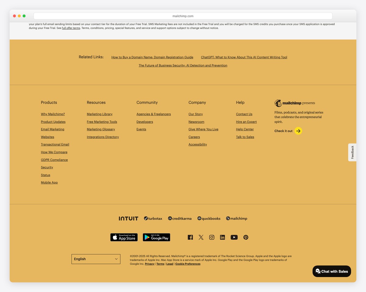 Mailchimp footer with yellow branding and navigation links