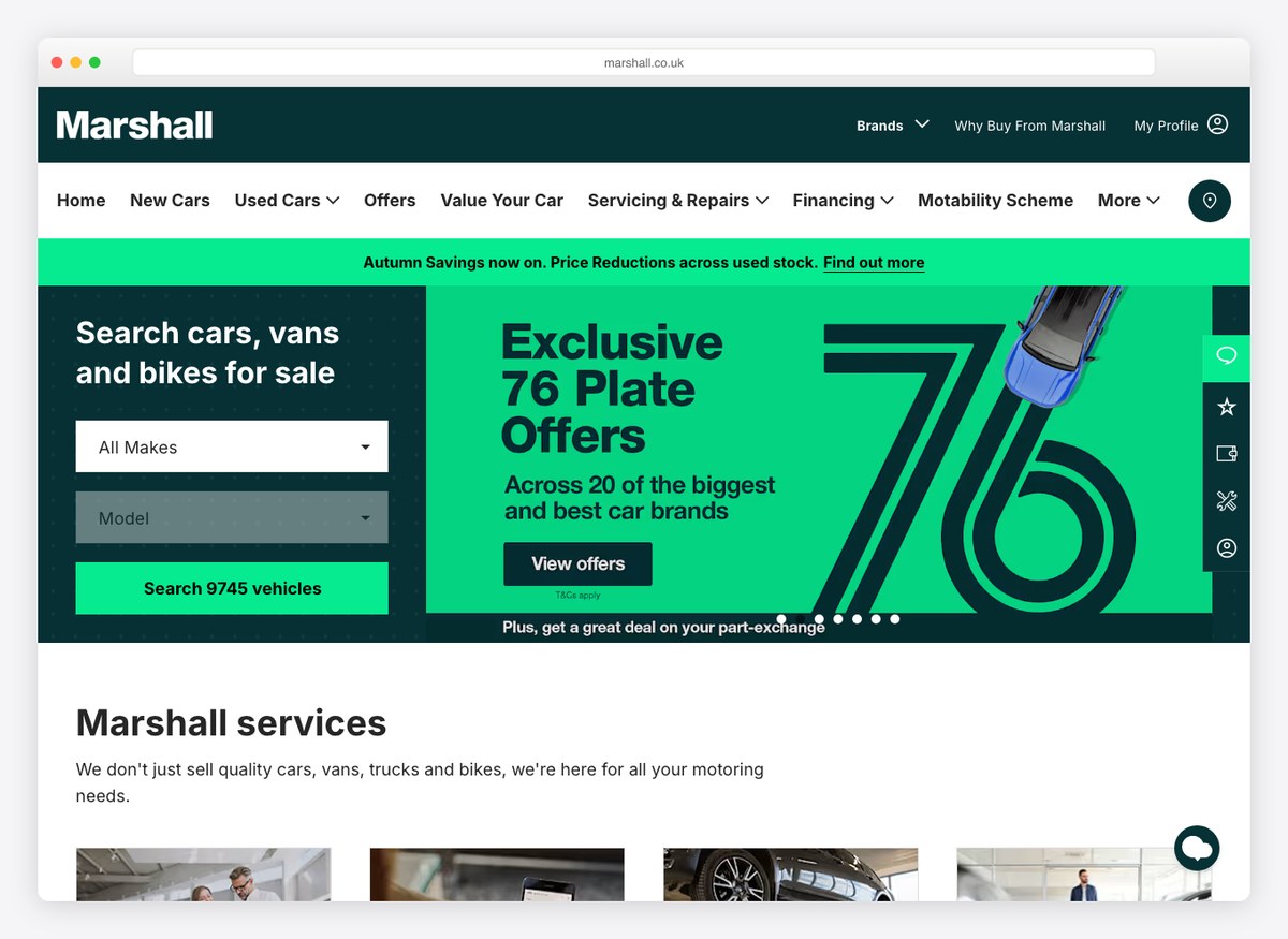 Marshall Motor Group car dealer website homepage