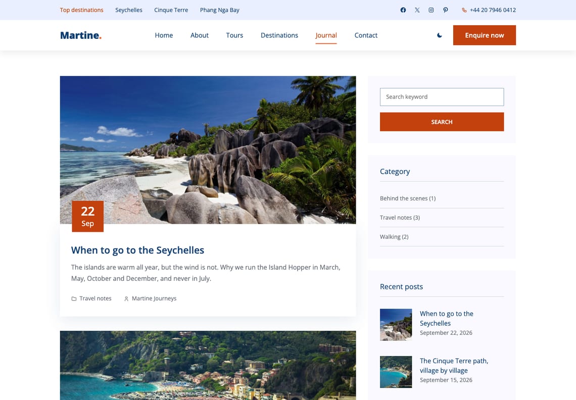 The journal: a post card with a photograph of granite boulders and palms on La Digue, an orange date tab reading 22 Sep and the title "When to go to the Seychelles", beside a sidebar with search, categories and recent posts