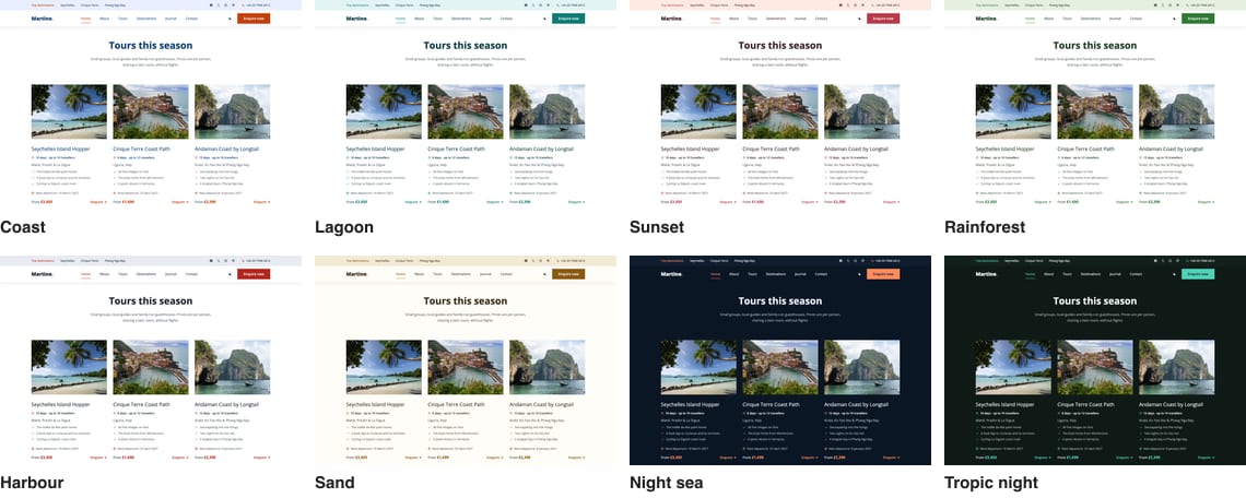 The home page's tour cards in Martine's eight colour palettes, four to a row: Coast, Lagoon, Sunset and Rainforest, then Harbour, Sand, and the dark Night sea and Tropic night