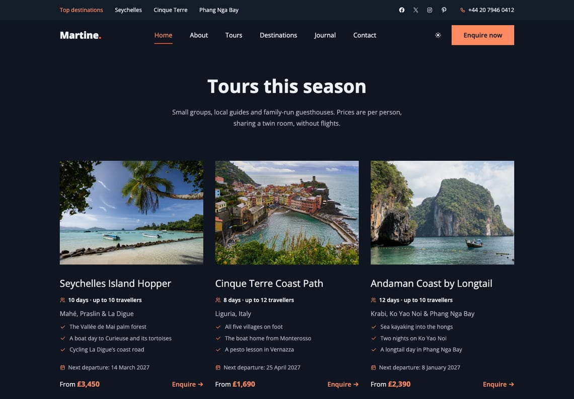 The home page's tour cards in dark mode: white headings and light text on a deep navy page, orange prices and a light orange Enquire now button in the header