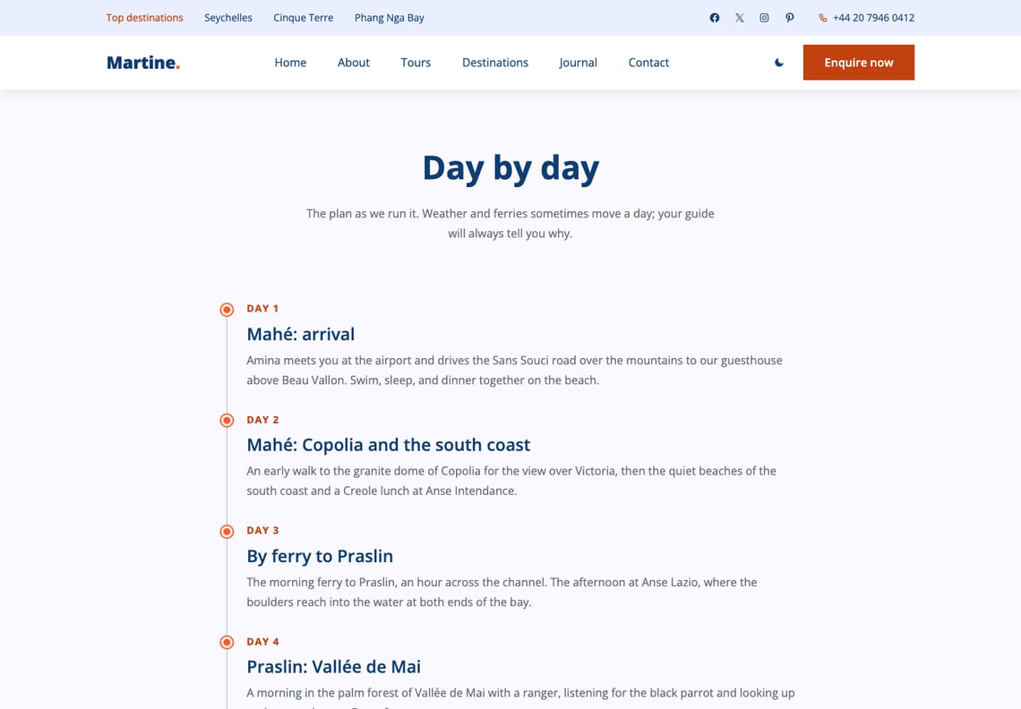 The "Day by day" section of the tour page: days one to four on a vertical timeline with orange markers, each with the day, where the group is and a short description