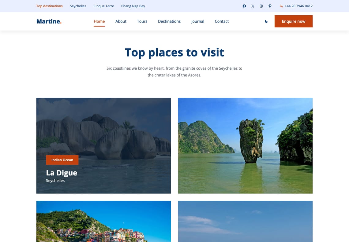 The "Top places to visit" section: a photograph of La Digue's granite boulders darkened under a navy shade with the tag Indian Ocean, the name La Digue and the word Seychelles, beside Ko Tapu's limestone pillar in Phang Nga Bay