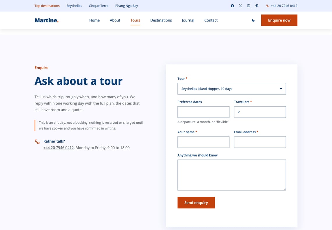 The tour enquiry section: "Ask about a tour" with a note that an enquiry is not a booking and a phone number, beside a white form with Tour, Preferred dates, Travellers, Your name, Email address and a message box, and a "Send enquiry" button
