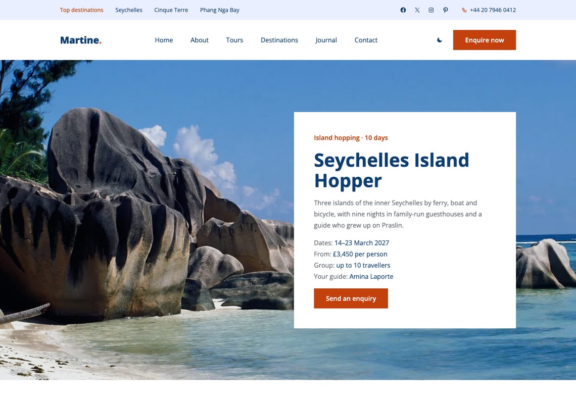The Seychelles Island Hopper tour page: a white card over a beach of huge granite boulders with the tour's name, a line about it, its dates, price, group size and guide, and an orange "Send an enquiry" button