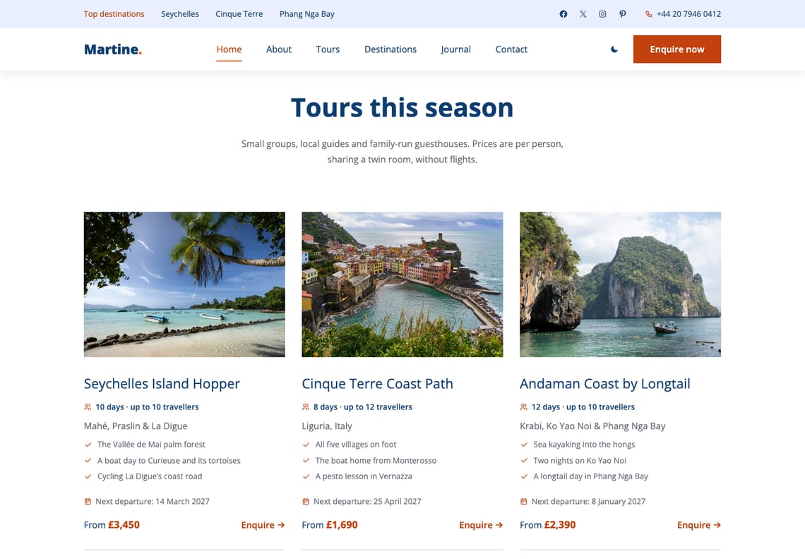 Three tour cards under the heading "Tours this season": the Seychelles Island Hopper, the Cinque Terre Coast Path and the Andaman Coast by Longtail, each with a photograph, length and group size, route, three ticked highlights, the next departure, a price from and an Enquire link