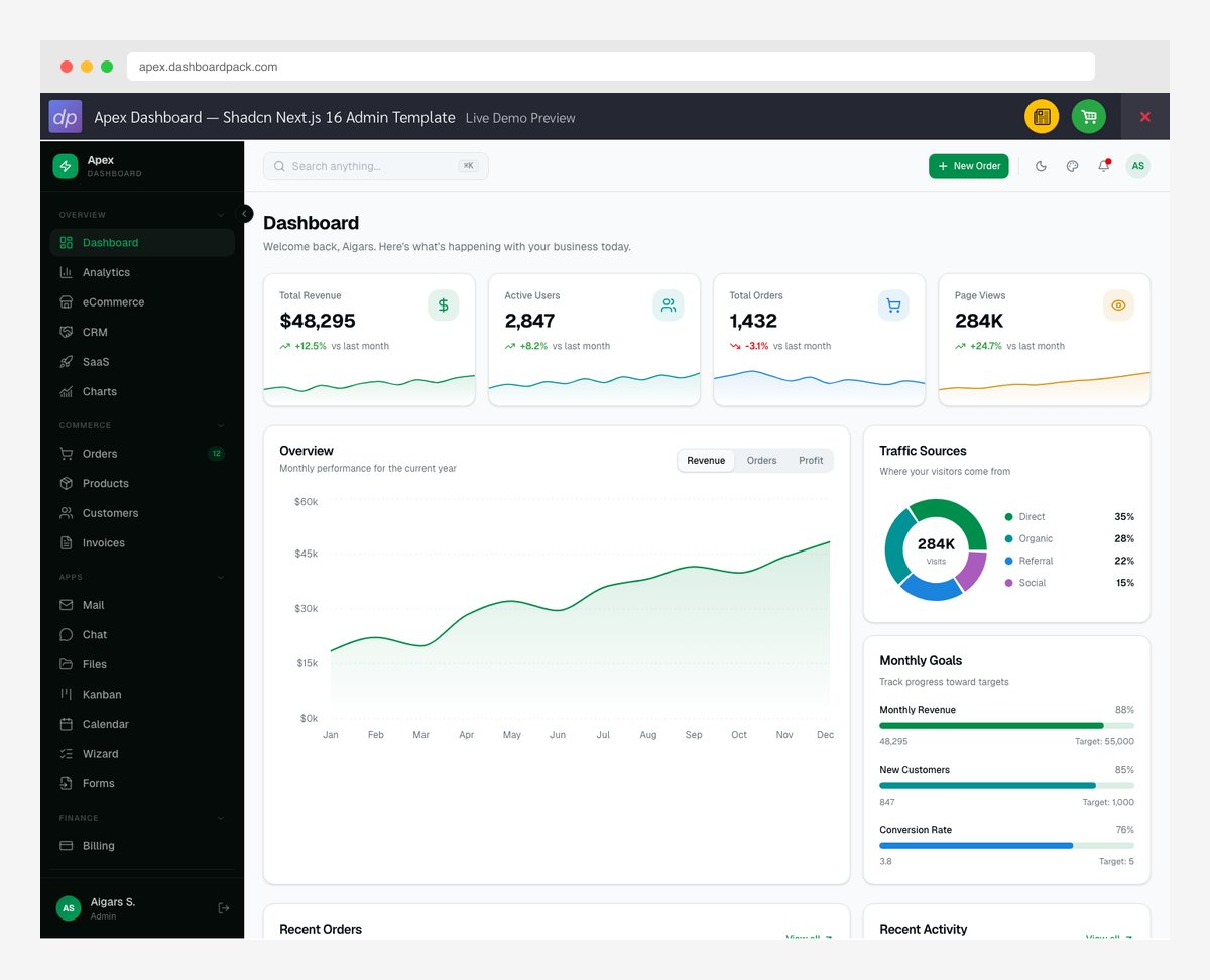 Apex Dashboard - Free Next.js 16 Admin Dashboard Template with Shadcn UI and Tailwind CSS