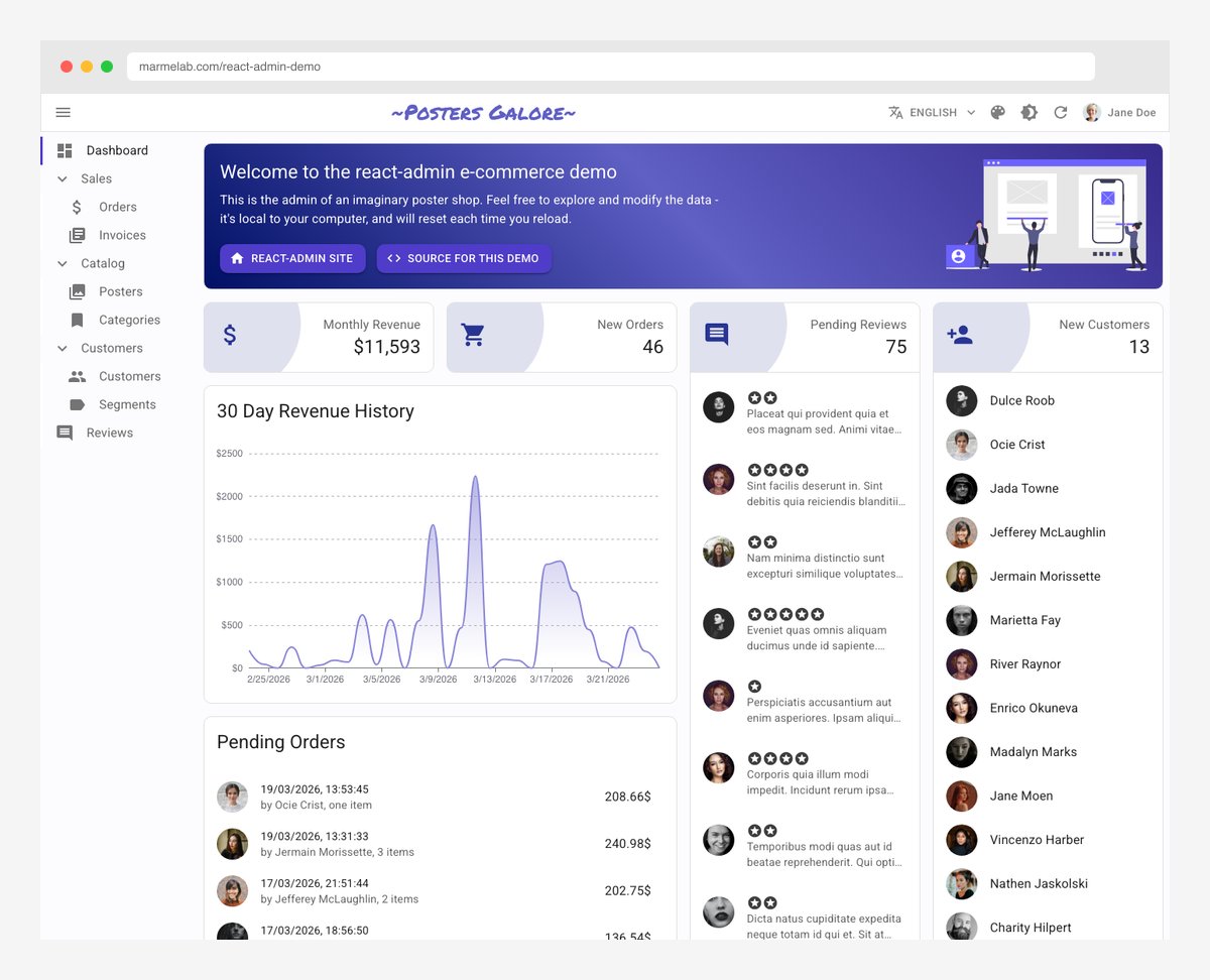 React Admin by Marmelab open source CRUD framework with MUI and data provider architecture