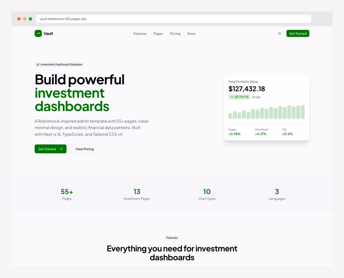 Vault Dashboard fintech SaaS admin template