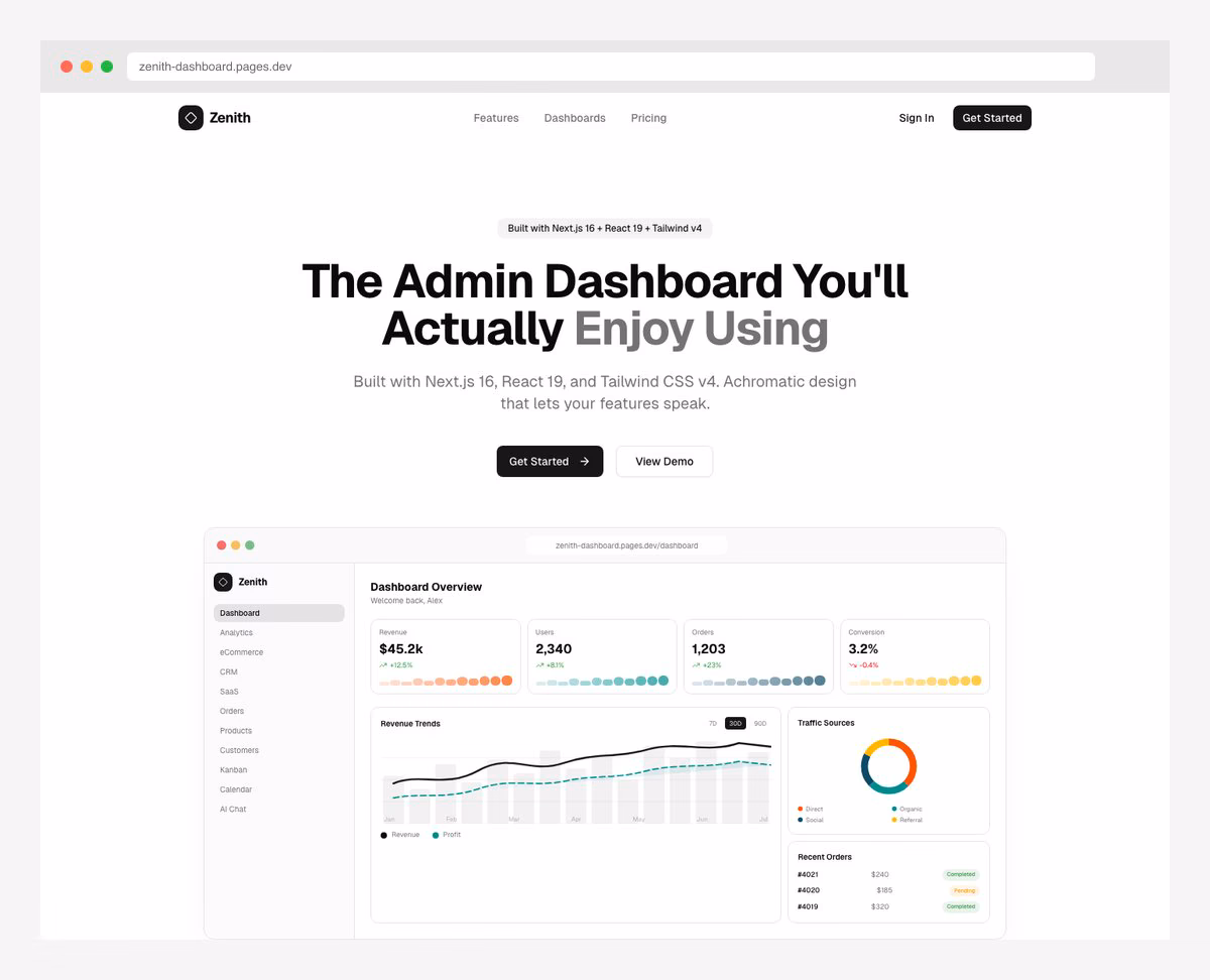 Zenith Dashboard monochrome SaaS admin template