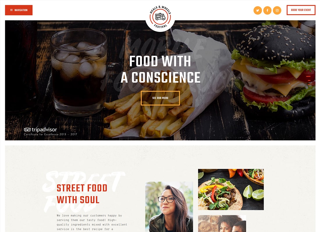 식사 및 휠 | 거리 음식 축제 및 패스트 푸드 배달 WordPress Theme