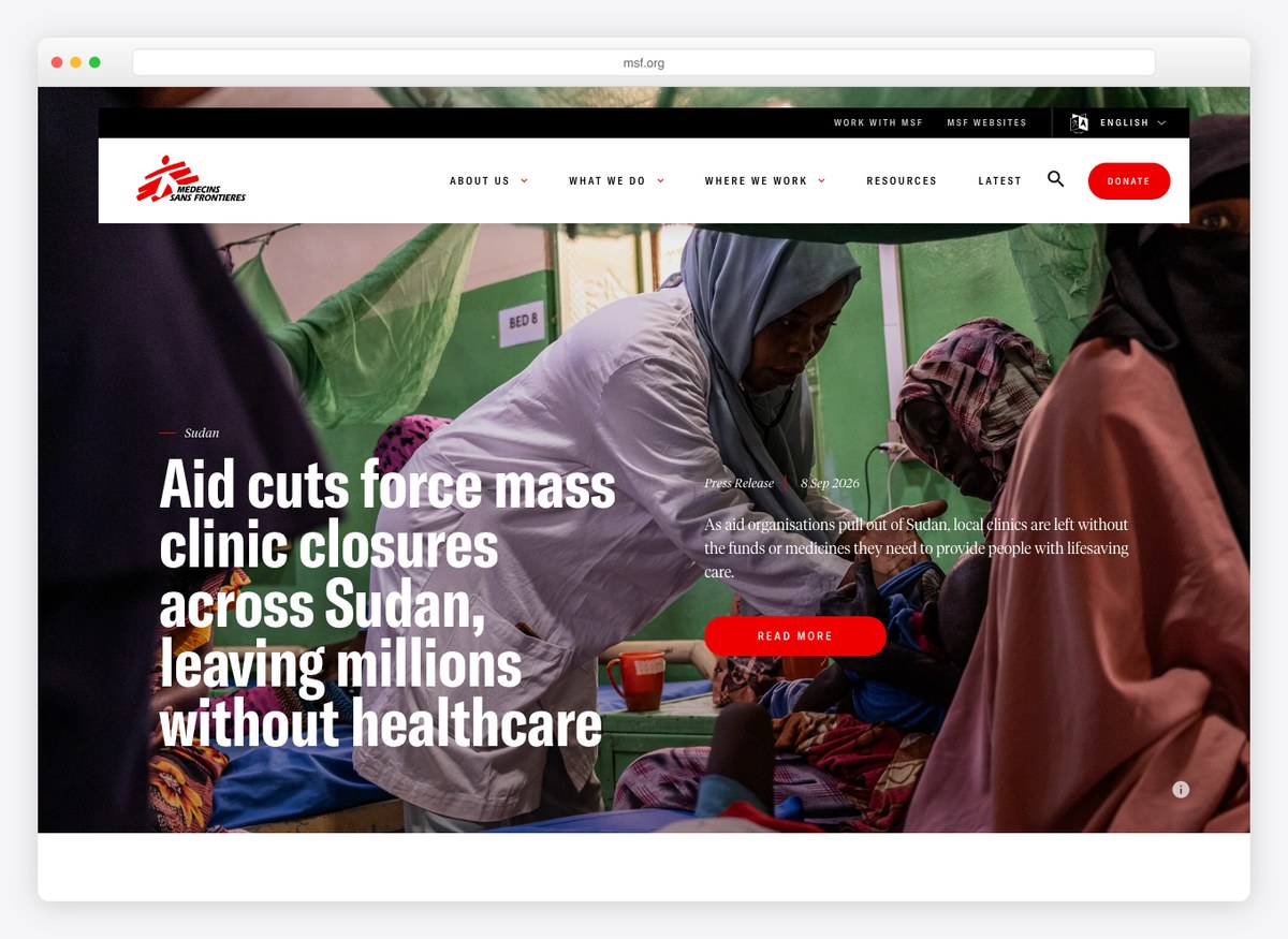 Medecins Sans Frontieres charity website homepage