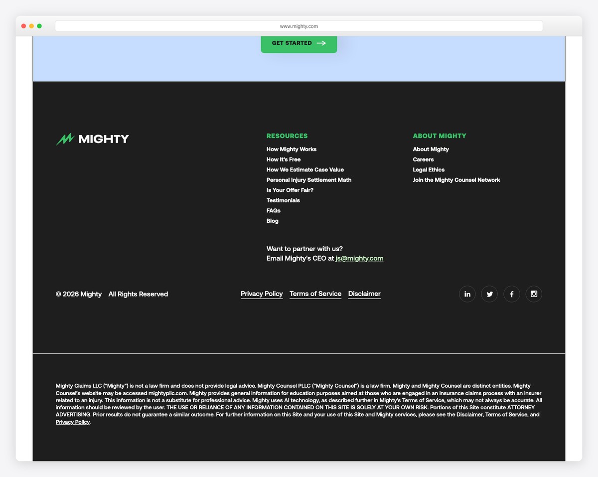 Mighty website footer with community platform features