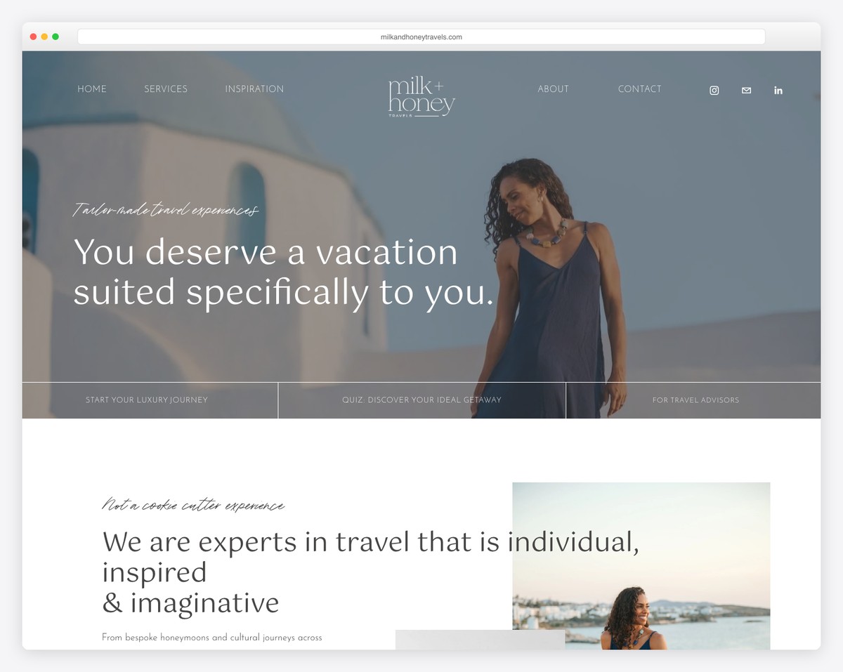 milk + honey travels website example